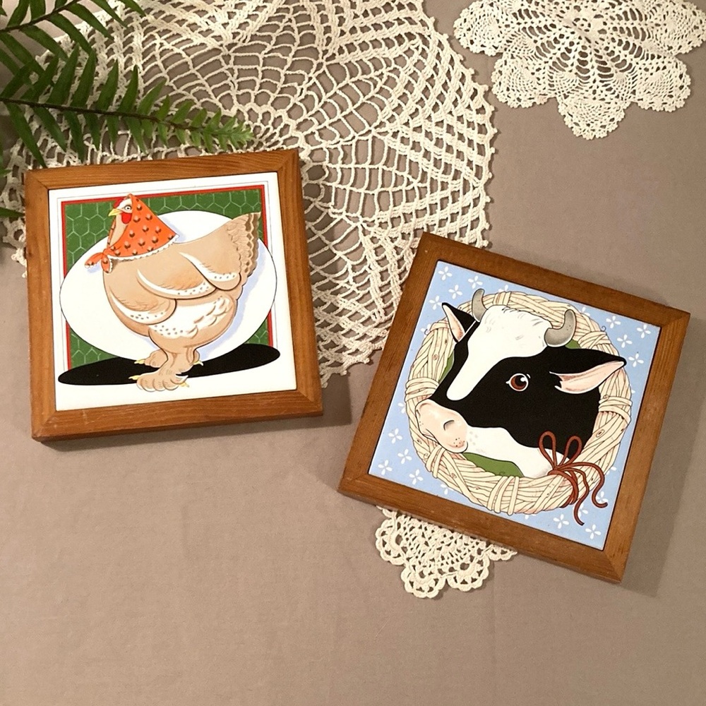 Vintage Framed Chicken And Cow Ceramic Tiles Country Farm Decor 1981